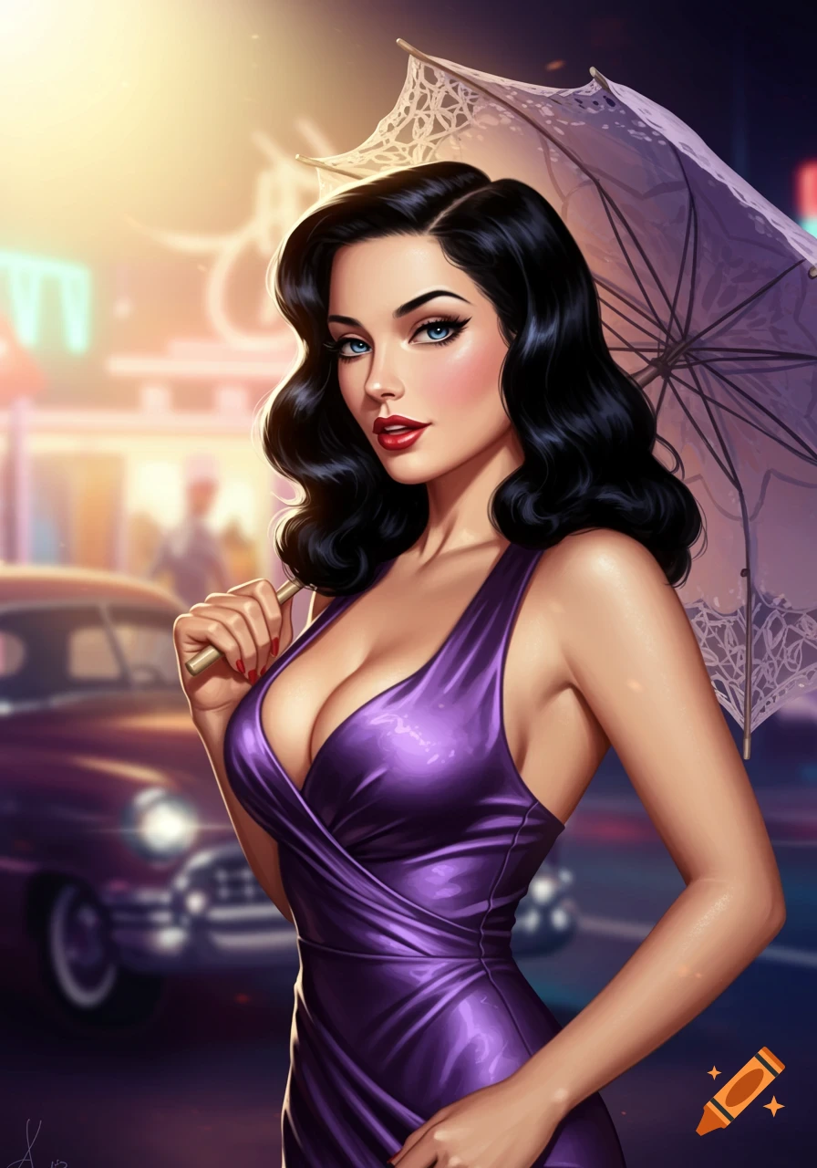 A 1950s pinup woman with black hair, blue eyes, and red lipstick, wearing a purple dress and holding a white parasol on a city street.