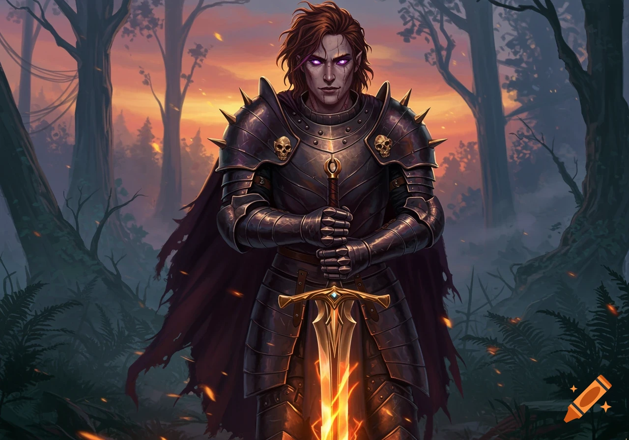A fantasy warrior in dark spiked armor with purple eyes and ginger hair stands in a forest, holding a glowing golden sword.