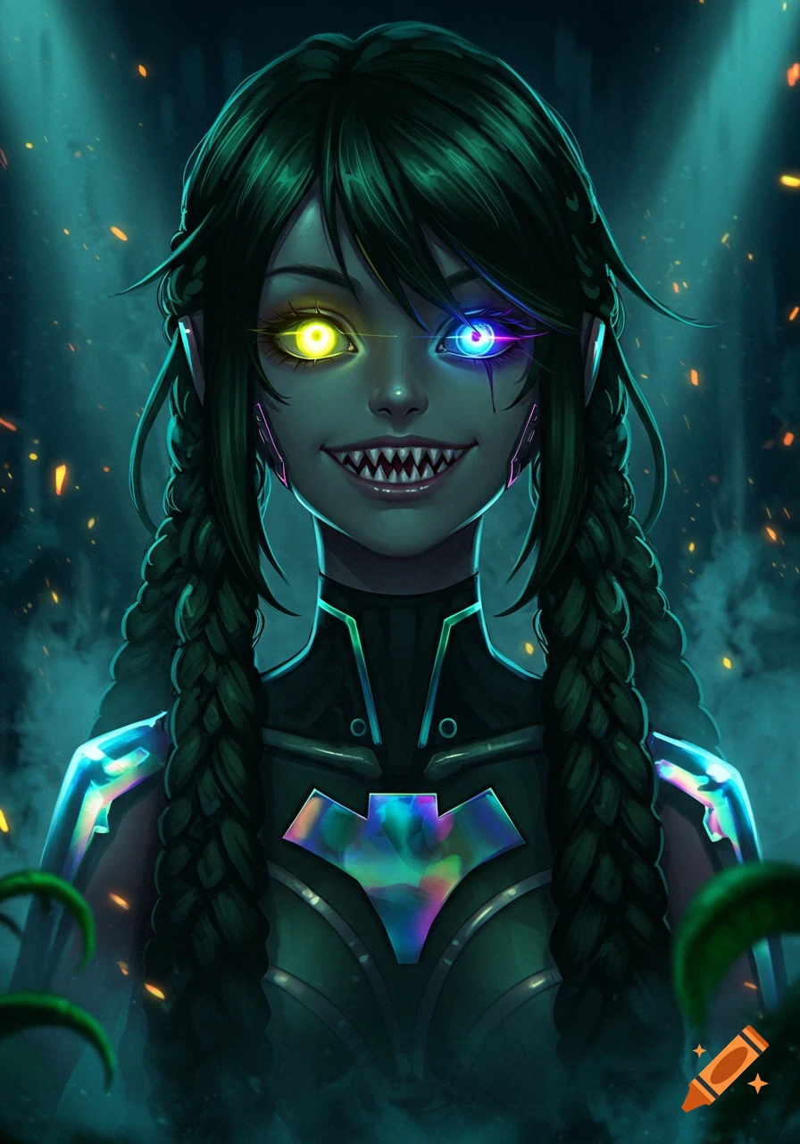 An anime girl with dark green braided hair, glowing yellow and blue eyes, and shark teeth, wearing black and holographic armor.