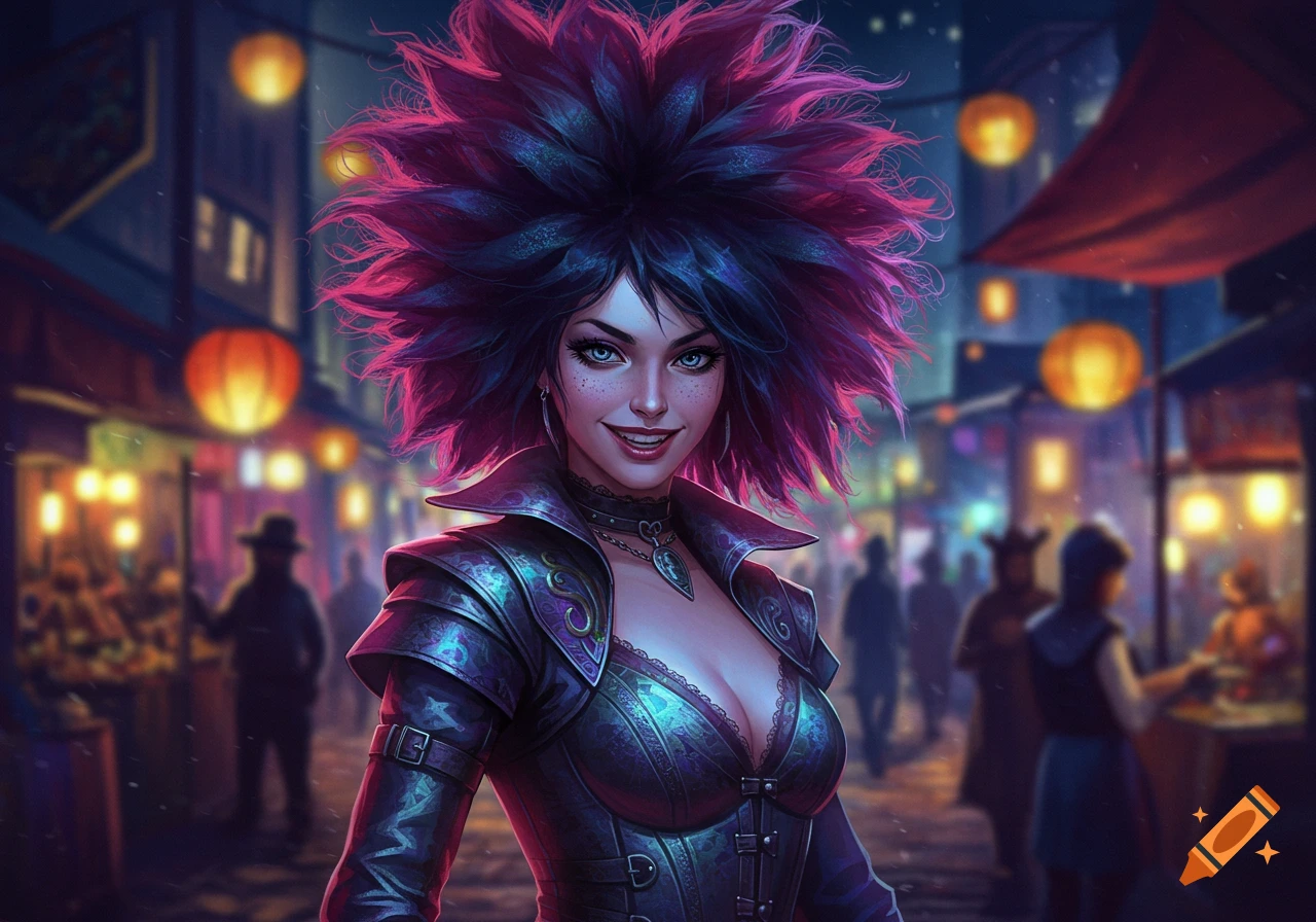 A stylized woman with spiky pink and blue hair, wearing a dark ornate outfit, smiles in a vibrant, lantern-lit night market.