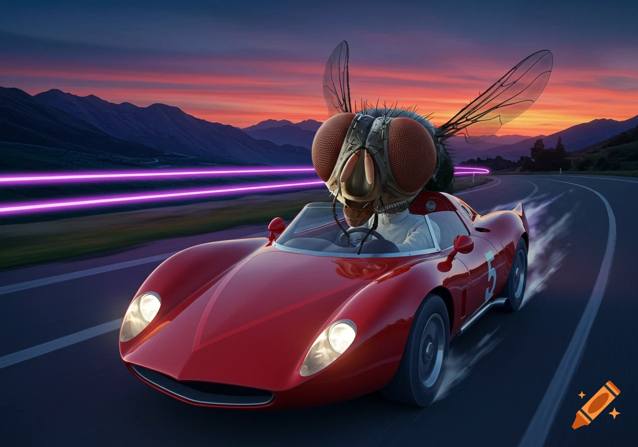 A photorealistic image of a giant fly wearing a suit driving a red vintage race car on a winding mountain road at sunset, with purple light trails.