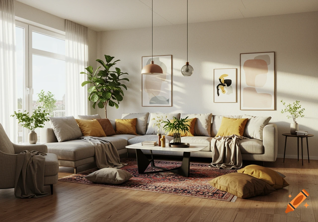 A cozy modern living room with a grey L-shaped couch, yellow and brown pillows, abstract art, and wooden floors.