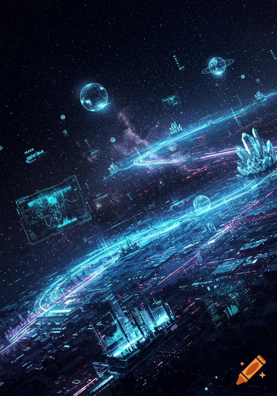 An abstract, futuristic landscape in space, featuring a digital city on a curved planet surface with glowing blue data streams and floating holographic screens, alongside glowing crystals and planets.