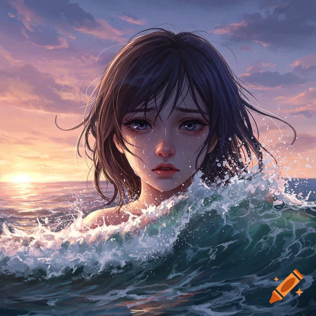 Anime girl crying in the ocean as a wave splashes, with a sunset in the background.