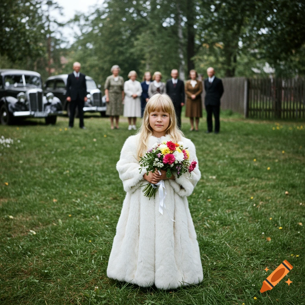 A blonde girl in a white fur coat holds a flower bouquet in a grassy field, with vintage cars and adults in 1930s attire in the background. Photorealistic.