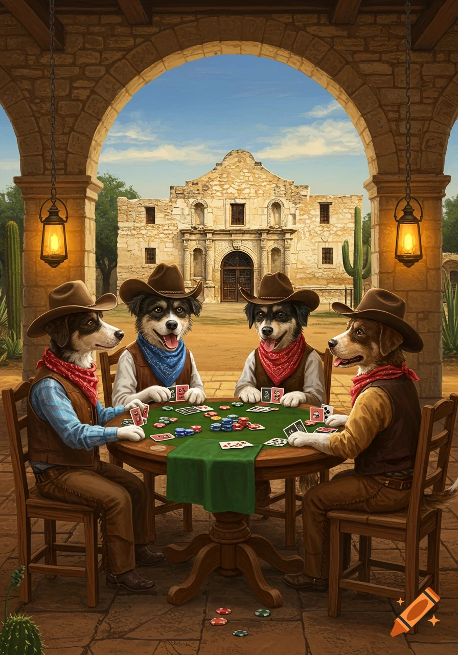 Four anthropomorphic dogs in cowboy hats and bandanas play poker at a green table outdoors, with the Alamo in the background. The image has a painterly style.