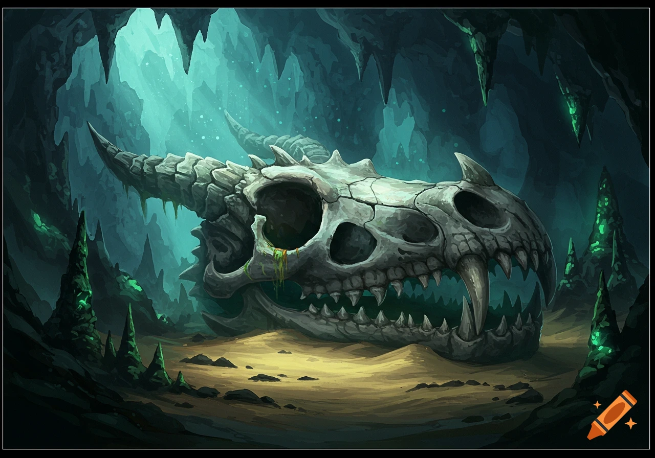 A detailed illustration of a large dragon skull resting on sand in a dark, glowing turquoise cave.