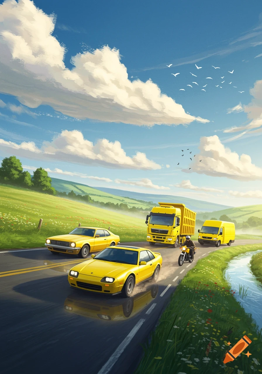 Yellow cars, truck, van, and motorbike travel on a countryside road with green hills, a stream, and a blue sky.