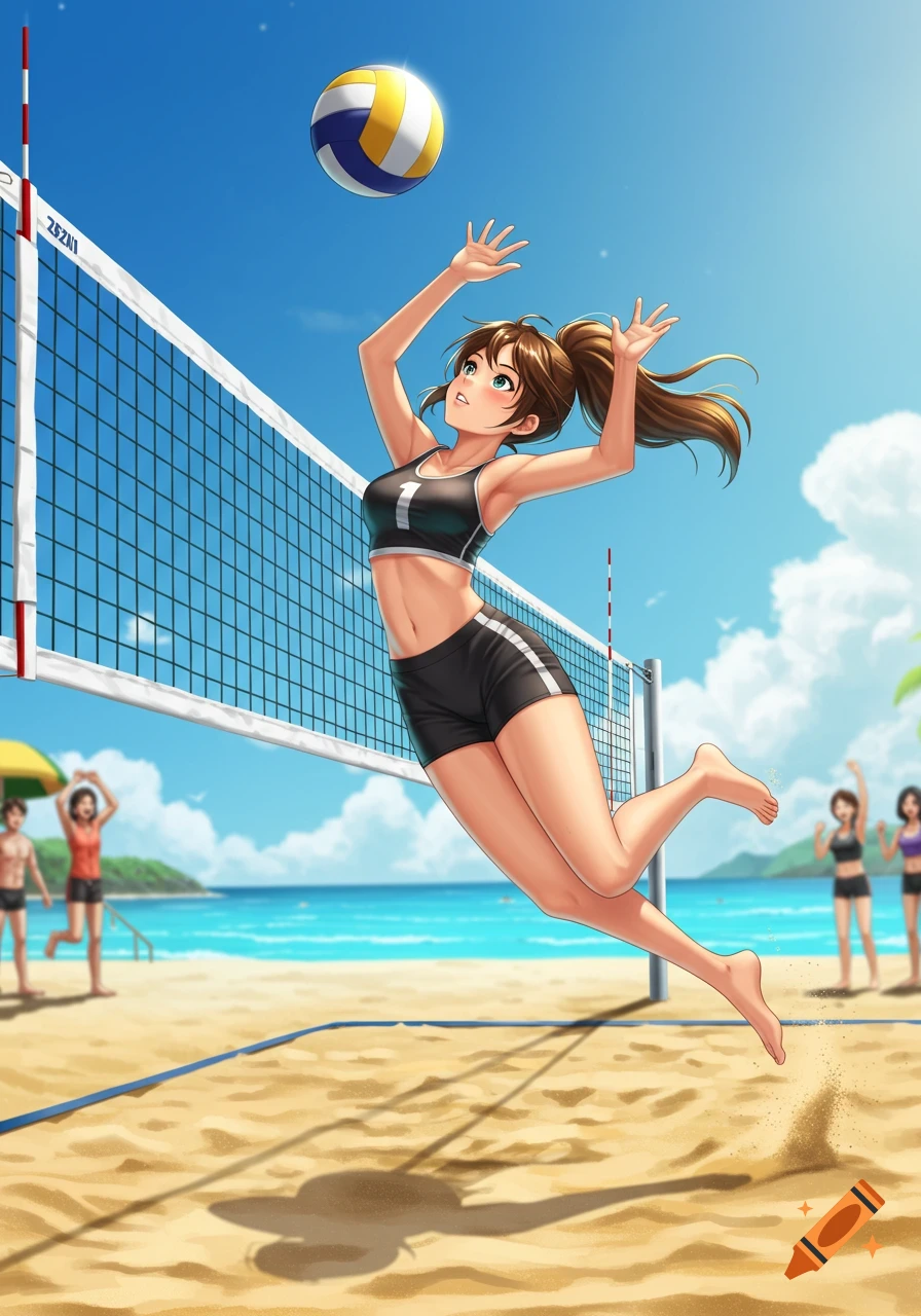 An anime girl jumps to hit a volleyball over a net on a sandy beach during a sunny day.