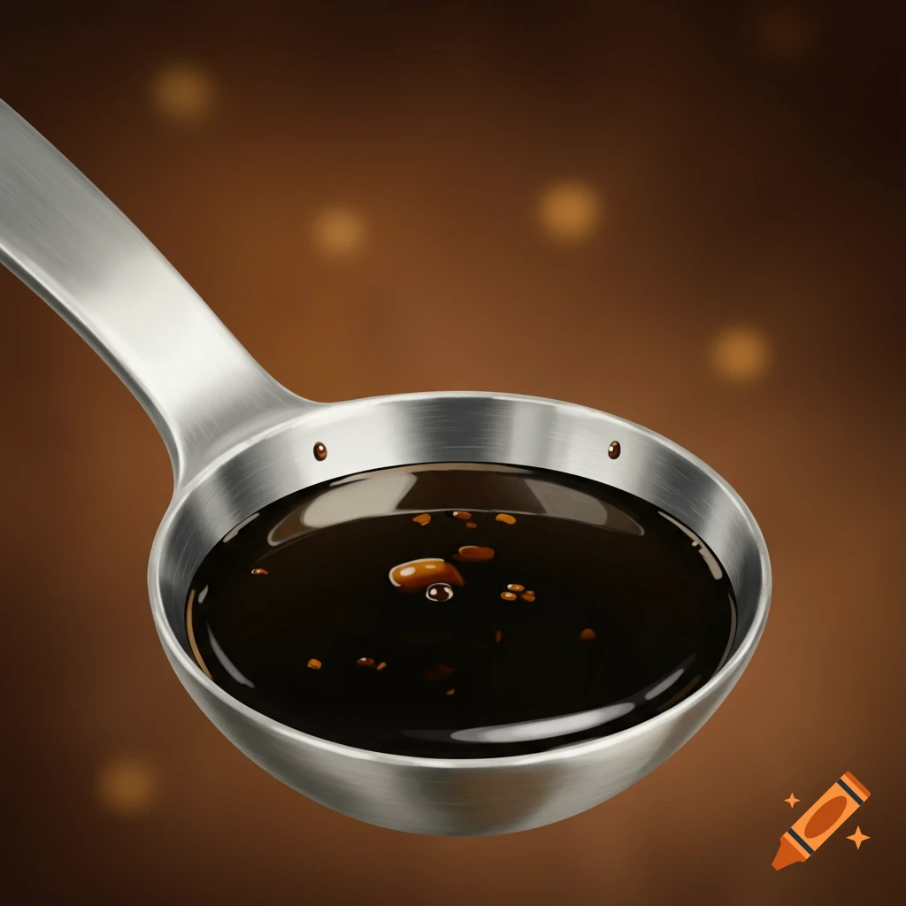 A close-up, photorealistic image of a silver measuring tablespoon holding dark soy sauce with small particles, against a warm brown, blurry background.
