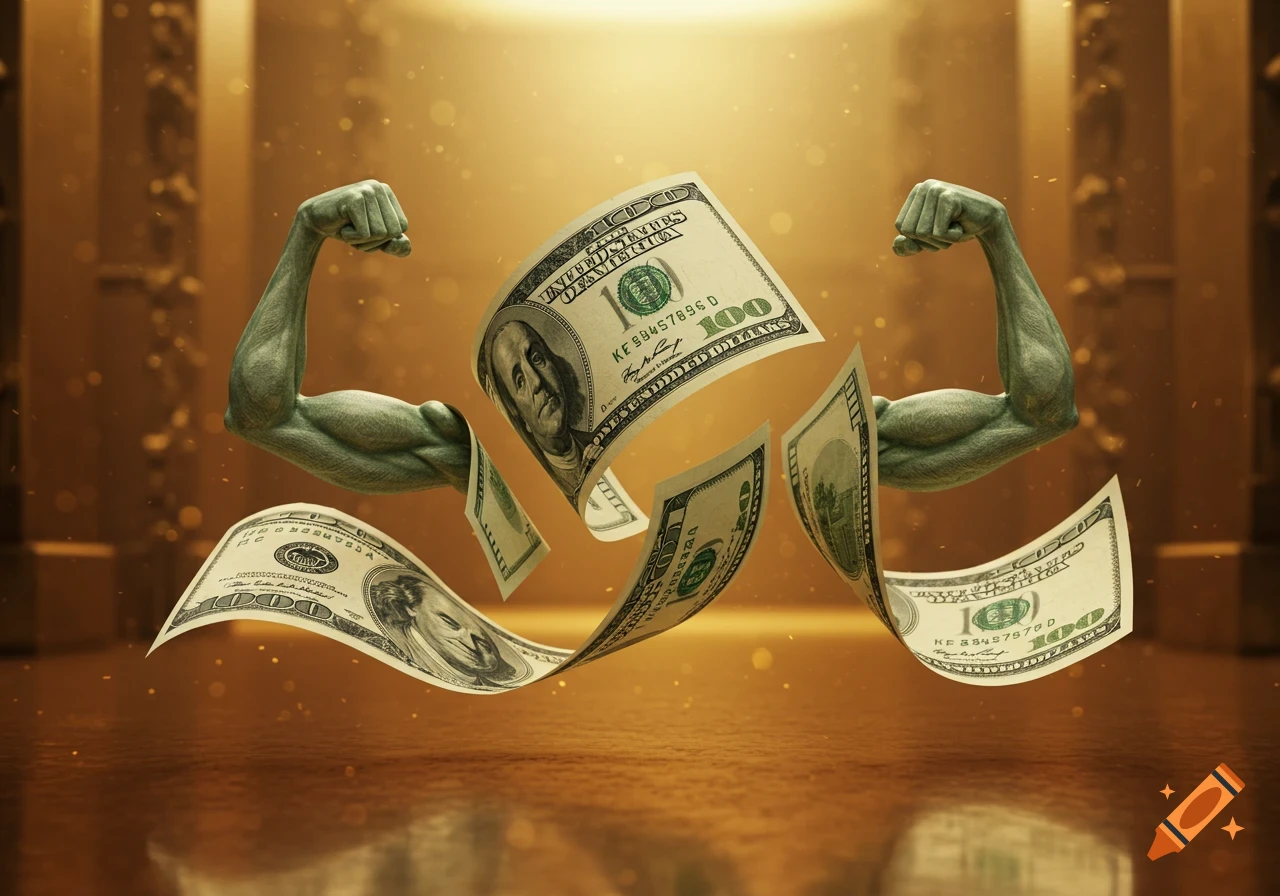 Two green muscular arms flex, emerging from and surrounded by floating 100 dollar bills against a golden, blurry background.