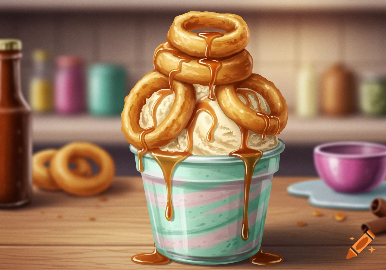 A cup of vanilla ice cream topped with golden onion rings and caramel drizzle, on a wooden table.