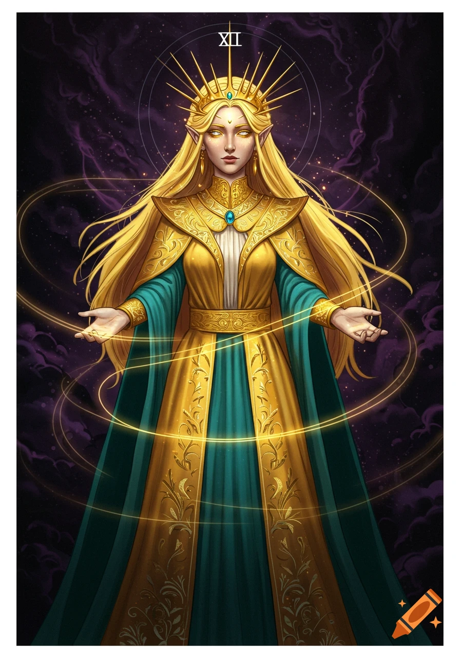 A mystical fantasy illustration of a golden-haired empress in a teal and gold gown, wearing a spiky crown. She stands with hands outstretched, glowing lines of light encircling her, against a dark, cloudy purple background with the Roman numeral XII at the top.