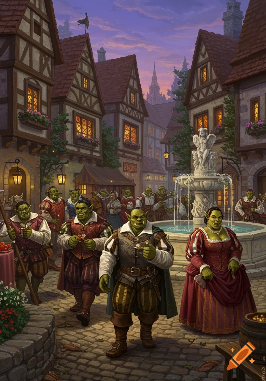 Detailed fantasy illustration of orcs in Renaissance-style clothing strolling through a medieval village at dusk.