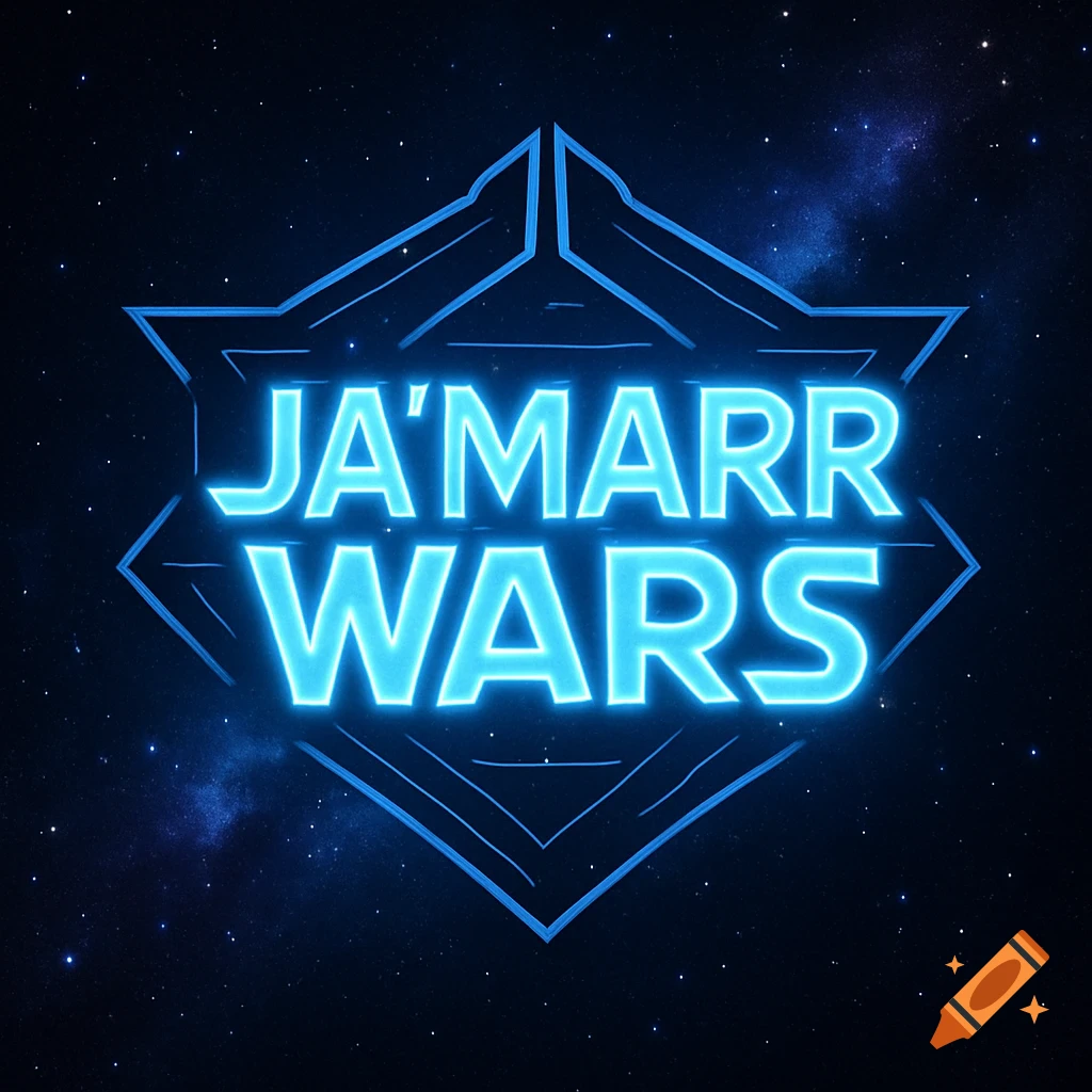 A blue neon "JA'MARR WARS" logo featuring a stylized geometric outline, set against a dark starry space background with a faint nebula.