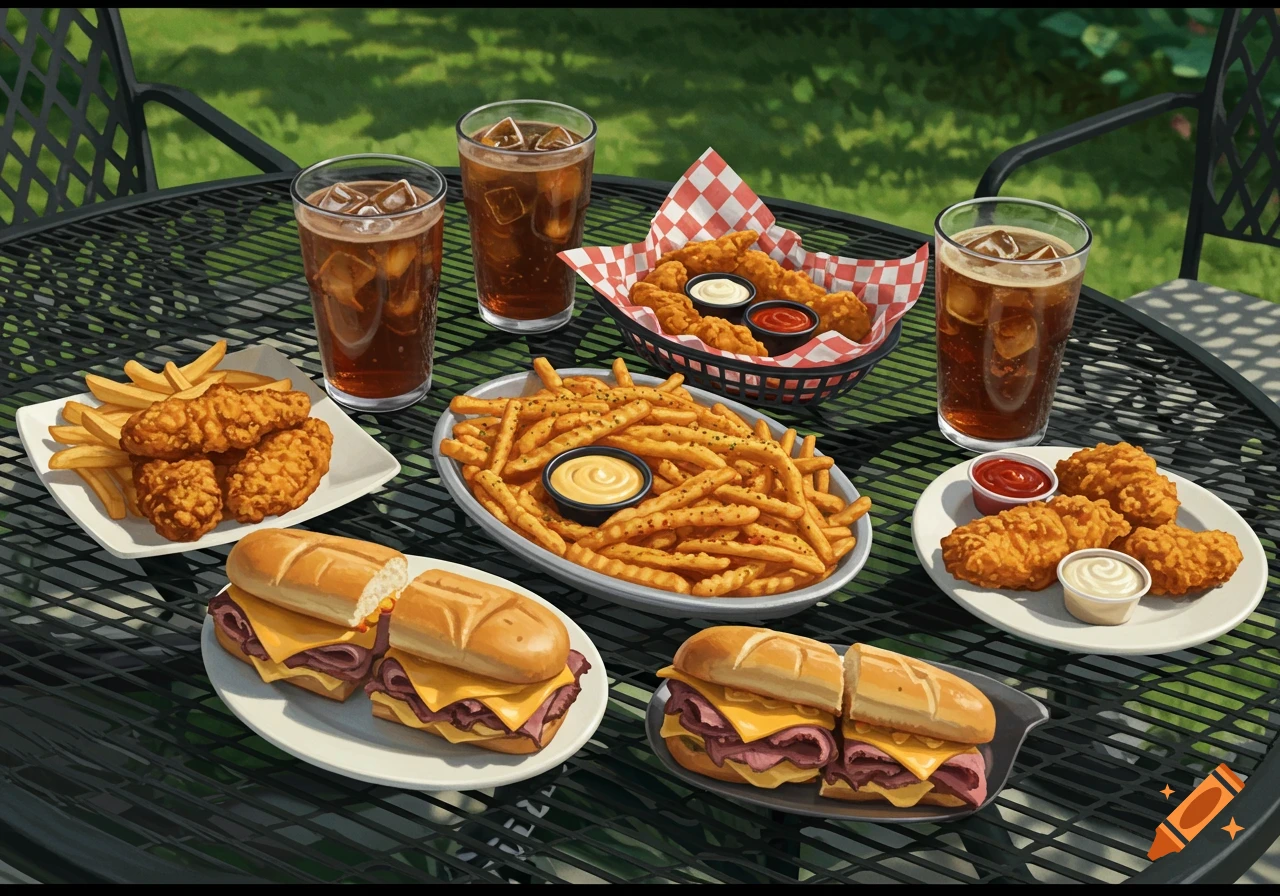 A picnic table covered with plates of fried chicken tenders, french fries, roast beef sandwiches, and glasses of soda, outdoors.