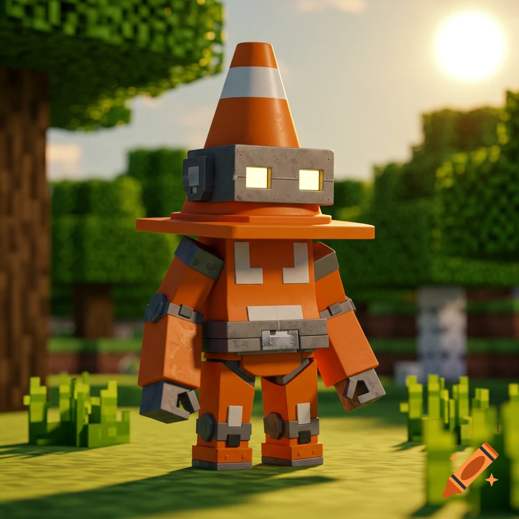 A blocky orange robot character with a traffic cone head stands in a pixelated Minecraft-like grassy field.
