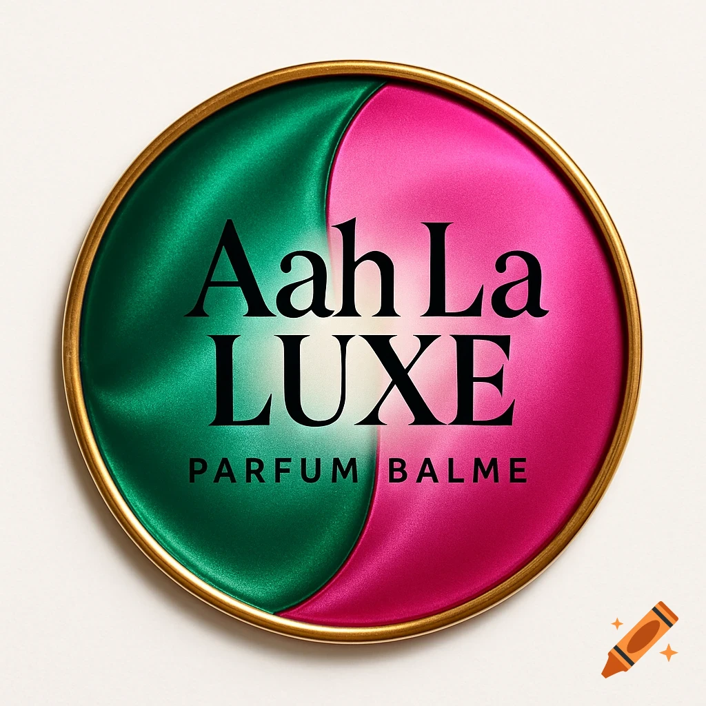 Circular logo with gold border, split into emerald green and hot pink halves, featuring black text 'Aah La LUXE PARFUM BALME'.