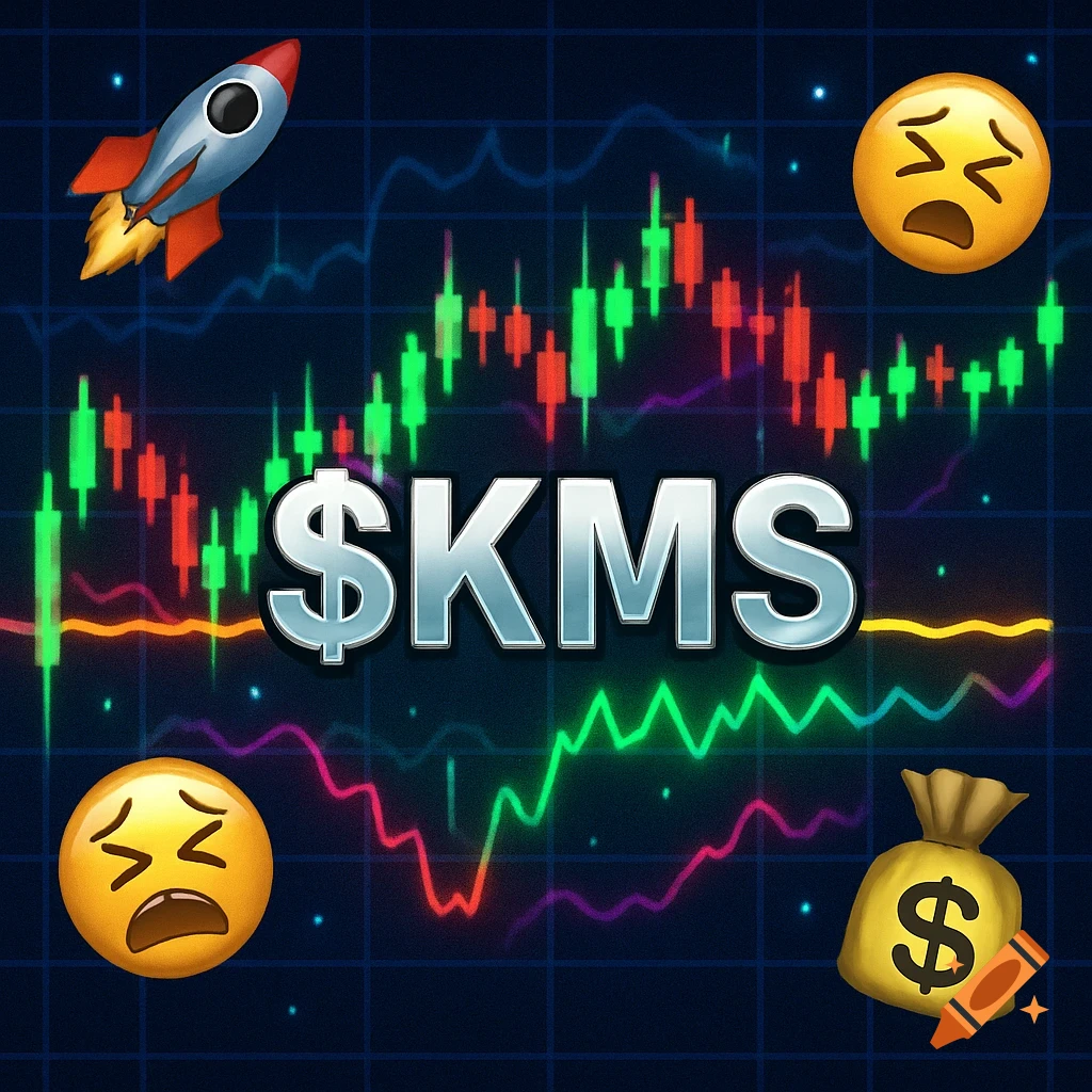A meme-style image featuring a stock market candlestick chart, a rocket, a money bag, and sad emojis, with the text '$KMS' at the center.