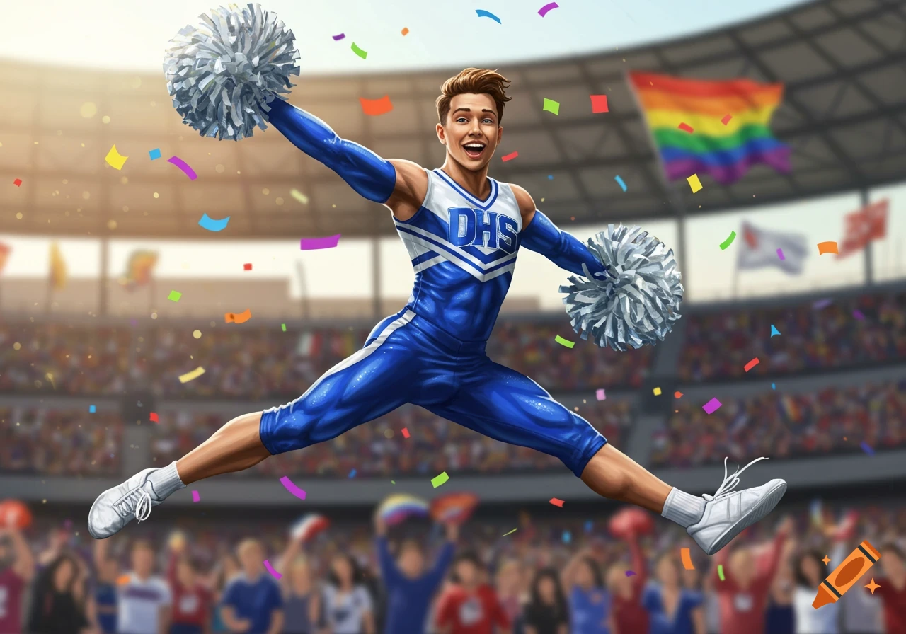 A male cheerleader in a blue and white uniform jumps mid-air with white pom-poms in a stadium, with a rainbow flag in the background.