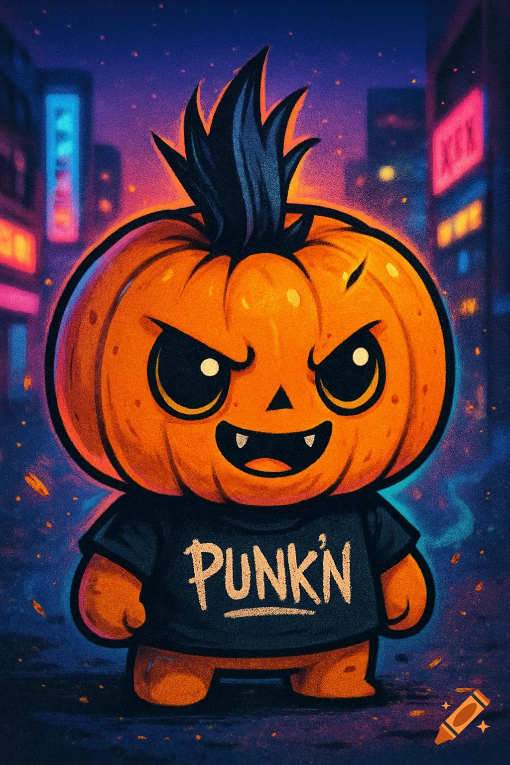 A cute, orange cartoon pumpkin character with a black punk mohawk and glowing eyes wears a t-shirt that says 'PUNK'N' in a neon city street.