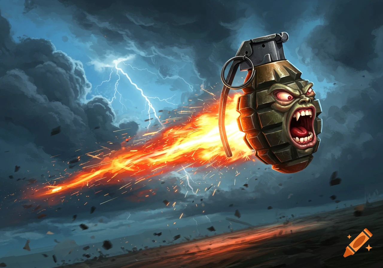 A cartoonish hand grenade with an angry screaming face propels through a stormy sky with fire and lightning.