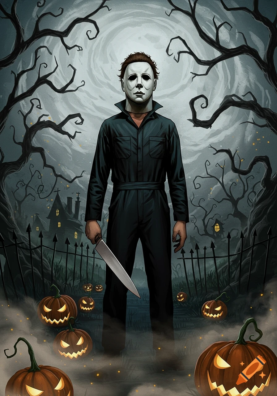Michael Myers stands holding a knife in a dark, stylized illustration with spooky trees, a haunted house, and glowing jack-o'-lanterns under a full moon.