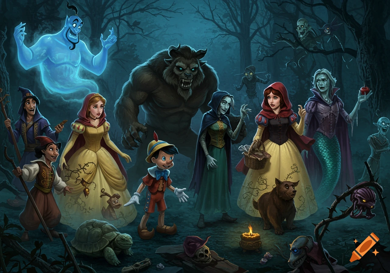 Reimagined fairy tale characters including Genie, Aladdin, Beast, Pinocchio, and Snow White, as horror figures in a dark, eerie forest.