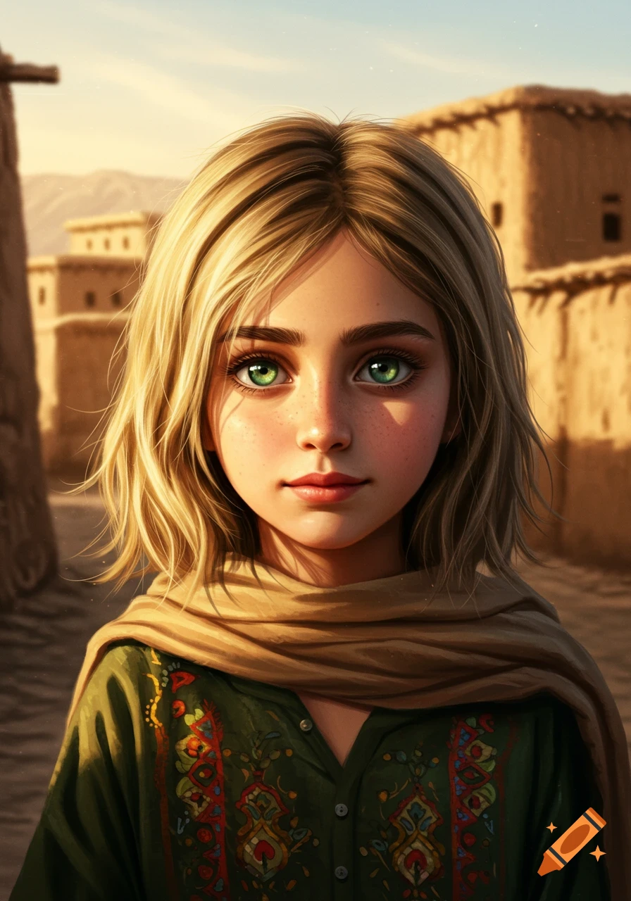 Digital art portrait of a young girl with blonde hair, green eyes, wearing a scarf and embroidered clothing in a desert village.