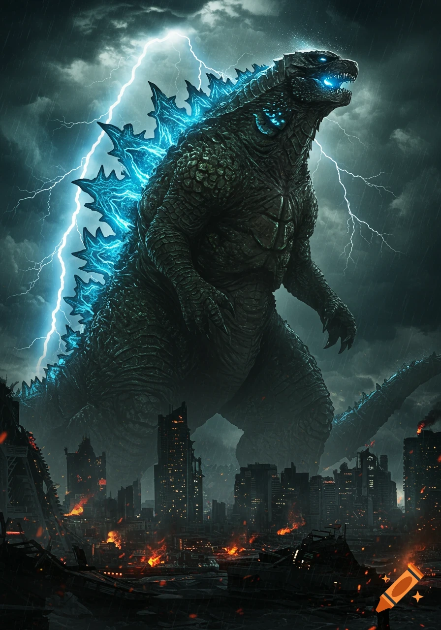 Photorealistic Godzilla with glowing blue spines stands amidst a burning, ruined city during a lightning storm.