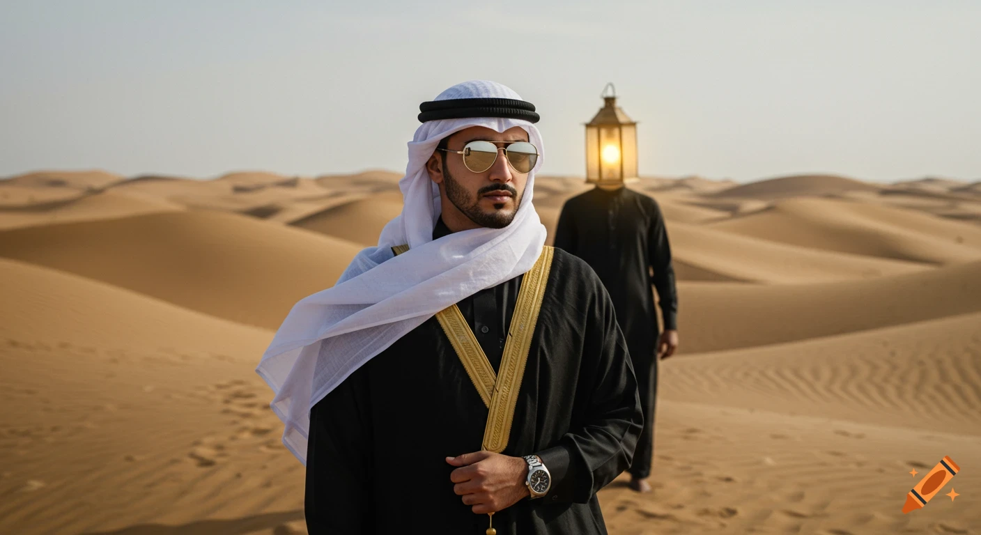 A man in traditional black and white attire and sunglasses stands in a desert. In the background, another figure has a glowing lantern for a head.