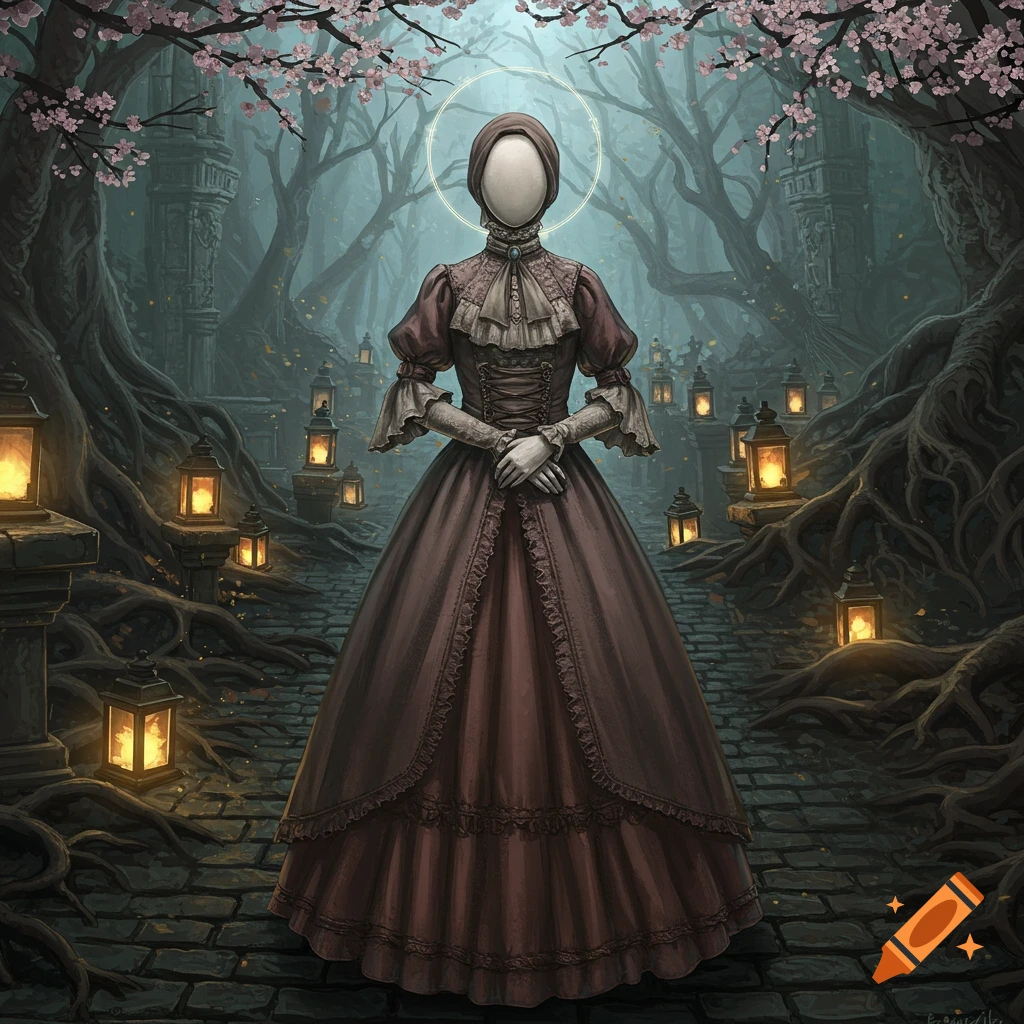 A faceless doll in a brown gothic dress stands on a dark, misty forest path with glowing lanterns and cherry blossoms.
