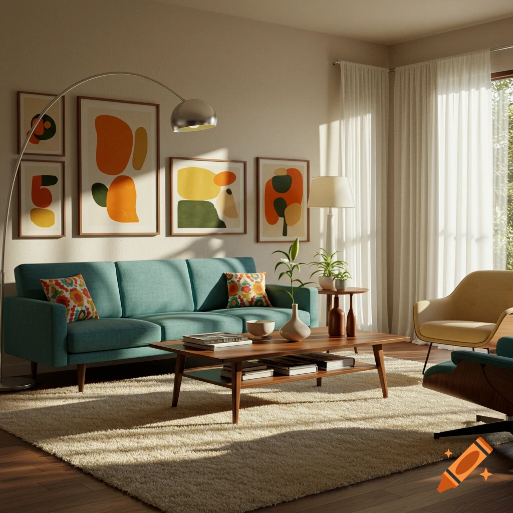 Photorealistic image of a mid-century modern living room with a teal sofa, wooden coffee table, abstract art, and large windows.