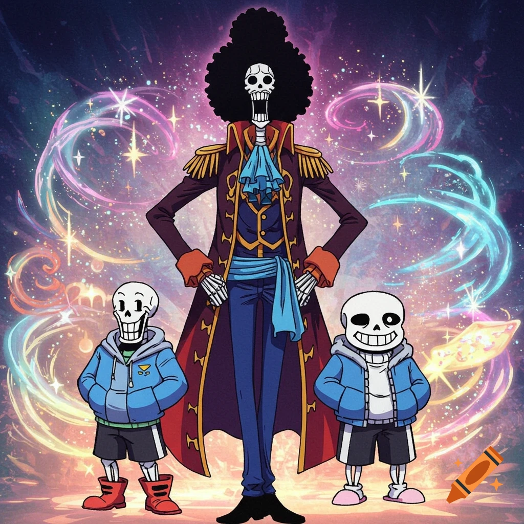 Anime style image of skeleton characters Brook (One Piece), Sans, and Papyrus (Undertale) against a cosmic background.