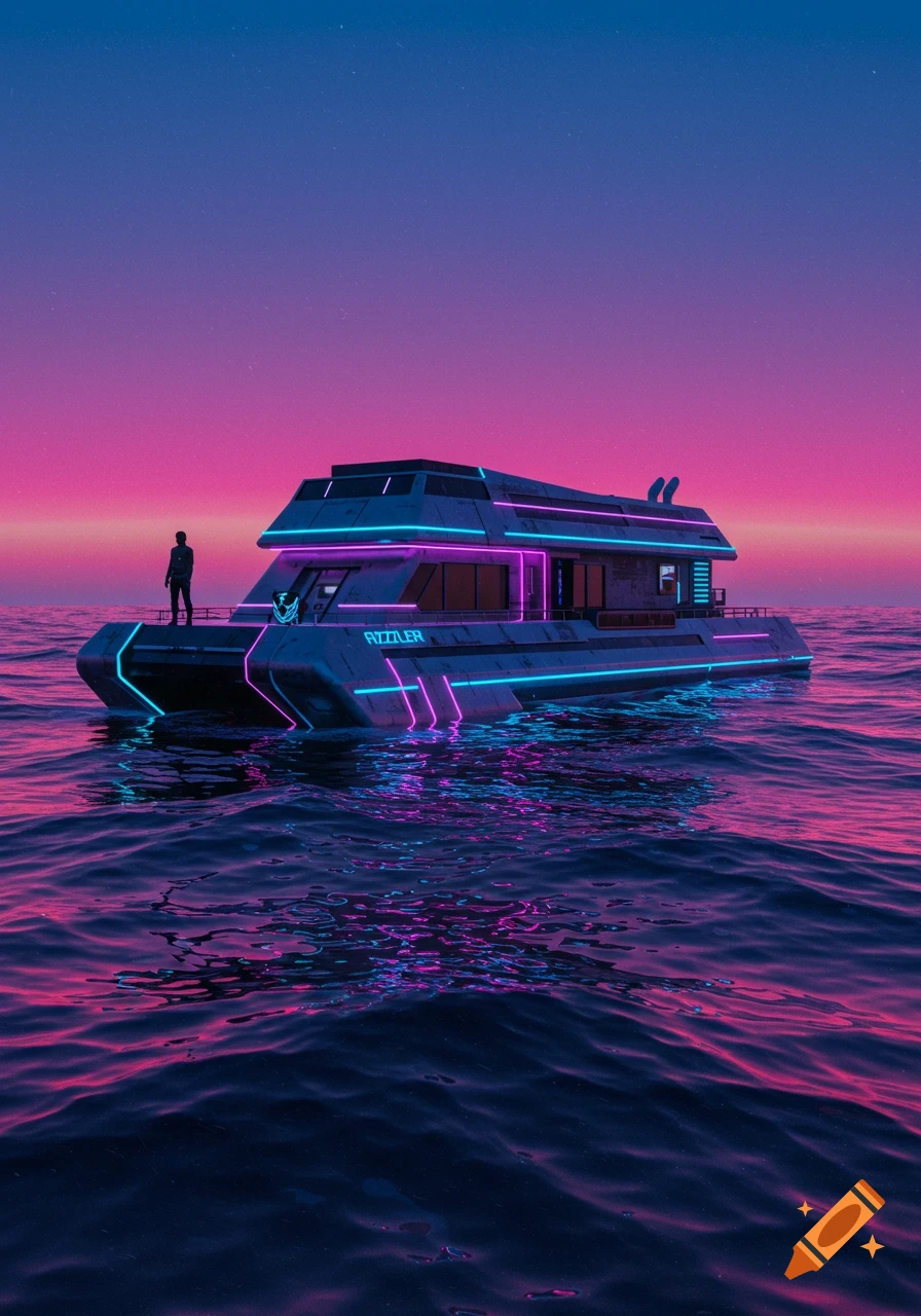 A futuristic houseboat with neon blue and pink lights floats on a calm ocean under a vibrant sunset sky. A person stands on the deck.