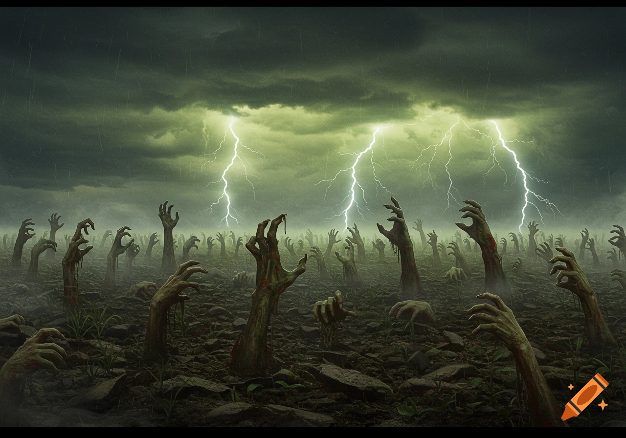 Zombie arms reach from a muddy field under a stormy, green-tinged sky with multiple lightning strikes.