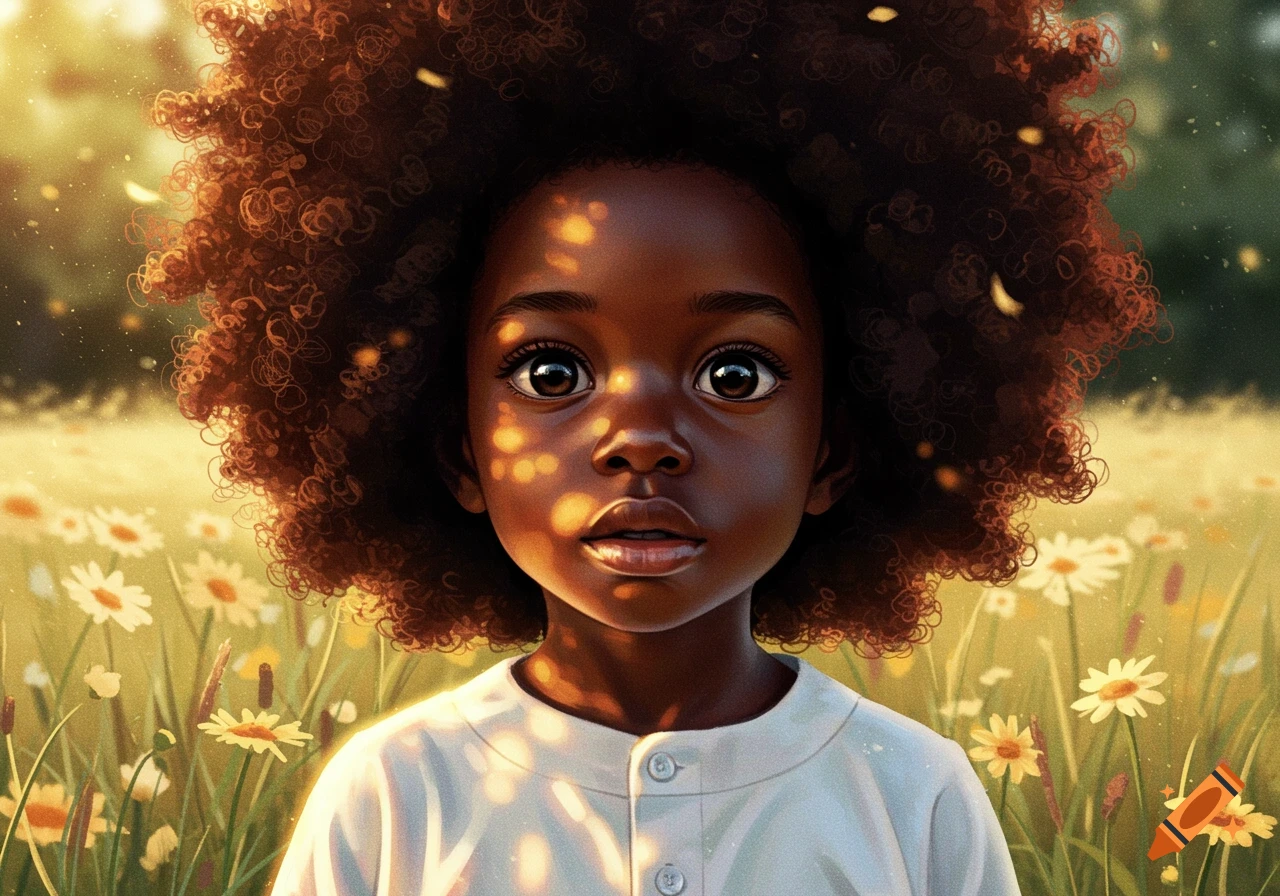 Close-up portrait of a young Black child with a large afro and wide eyes, standing in a sunny field of white and yellow flowers.