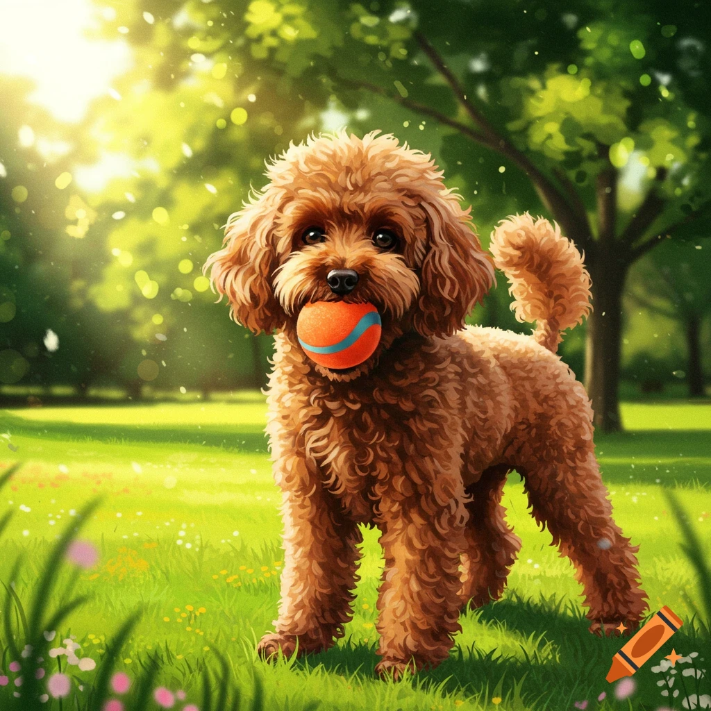 A brown curly poodle dog stands in a sunny park holding an orange and blue ball in its mouth.