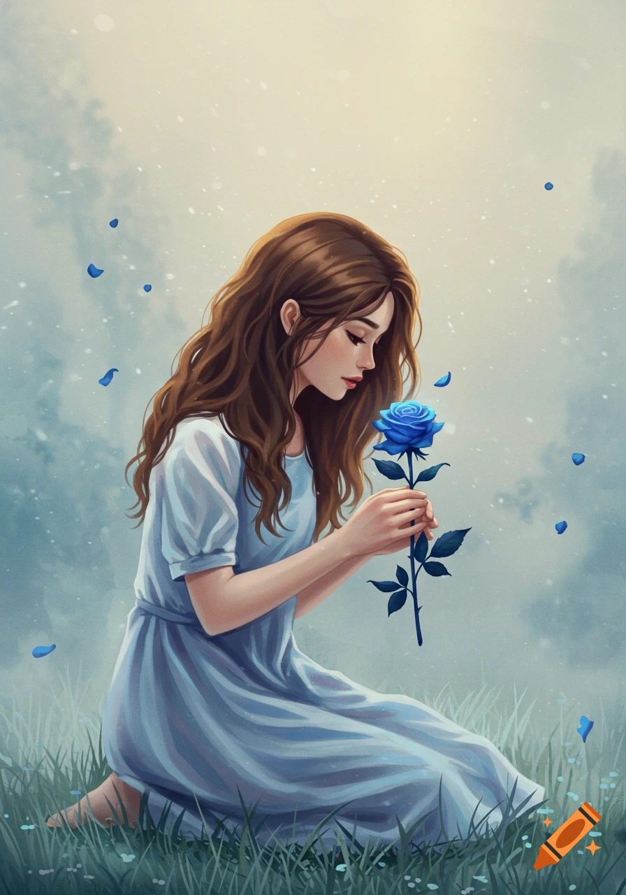 A digitally painted girl with long brown hair in a blue dress kneels in grass, gently holding a blue rose.