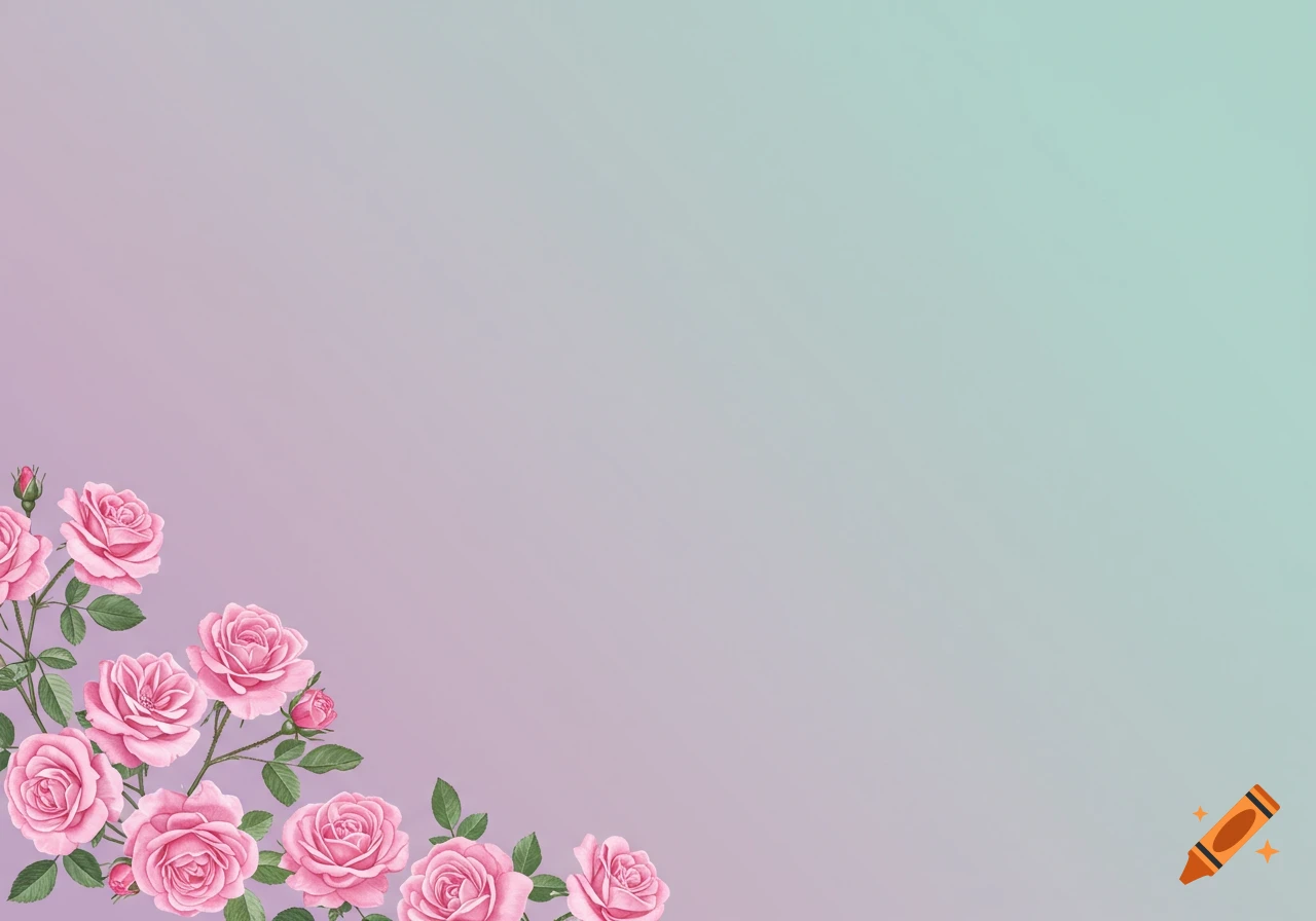 Pink roses on a soft pastel gradient background of purple and green.