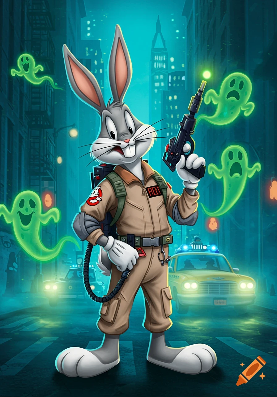 Bugs Bunny dressed as a Ghostbuster holds a proton pack, surrounded by green ghosts in a dark city street with police cars.