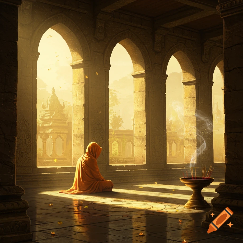 A hooded monk meditates on the sunlit floor of an ancient temple, with incense burning and small candles lit nearby.