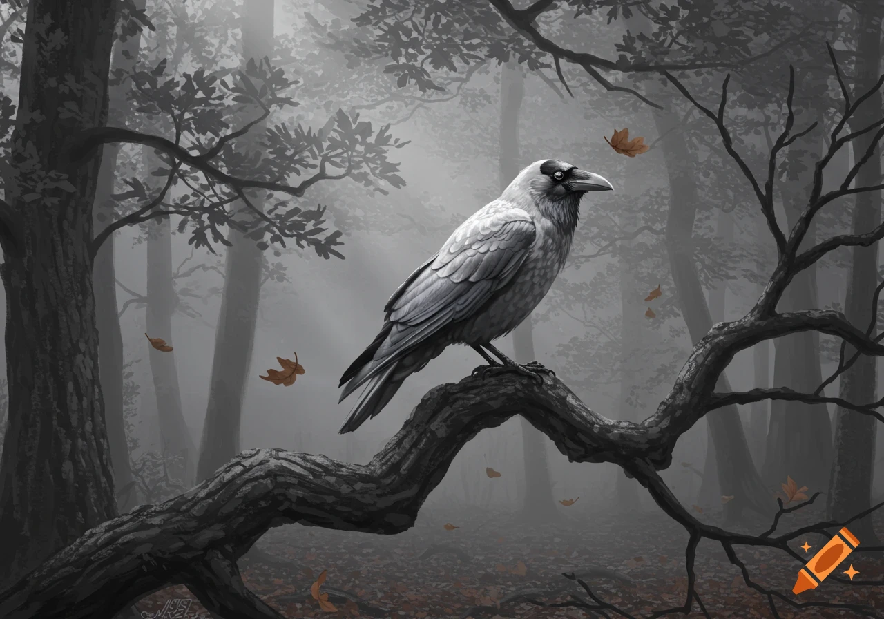 A detailed digital painting of a silver crow perched on a dark branch in a misty, shadowy forest with autumn leaves.