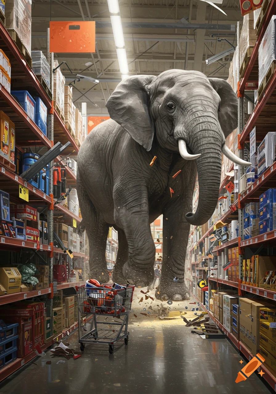 A massive elephant stampedes through a wide aisle of a Home Depot store, knocking over products and leaving debris in its wake. A shopping cart is overturned in the foreground.