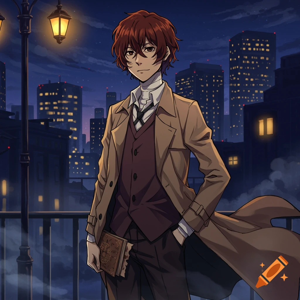 Anime male character with red-brown hair in a trench coat holding a book, standing in a city at night.