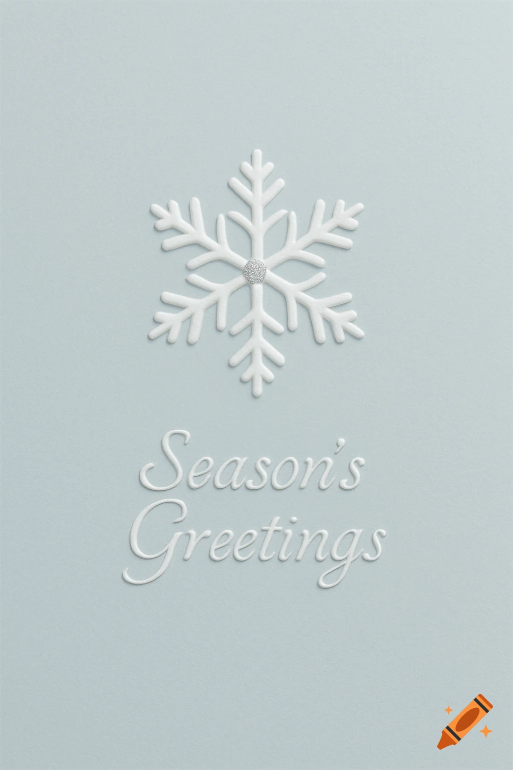 Minimalist Christmas greeting card with a white embossed snowflake and 'Season's Greetings' text on a light blue background.