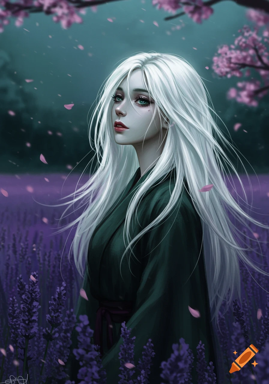A serene digital art portrait of a young woman with long white hair, wearing a green kimono, standing in a field of purple lavender under cherry blossoms.