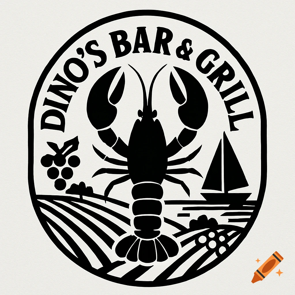 Black-and-white oval vector logo for Dino's Bar & Grill featuring a large lobster, vineyard, and sailboat.
