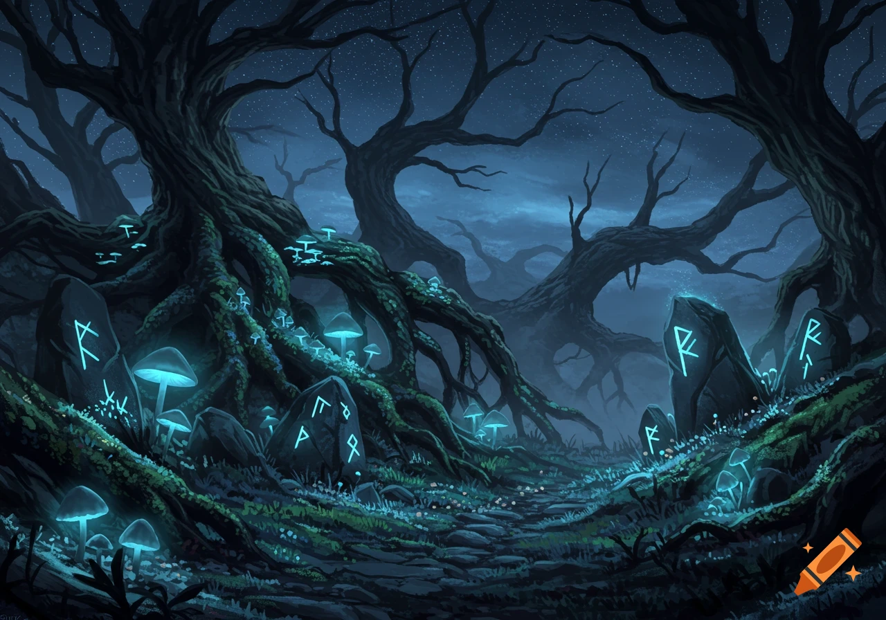 A dark, mystical forest at night with gnarled trees, glowing blue mushrooms, and stones etched with bright blue runes under a starry sky.