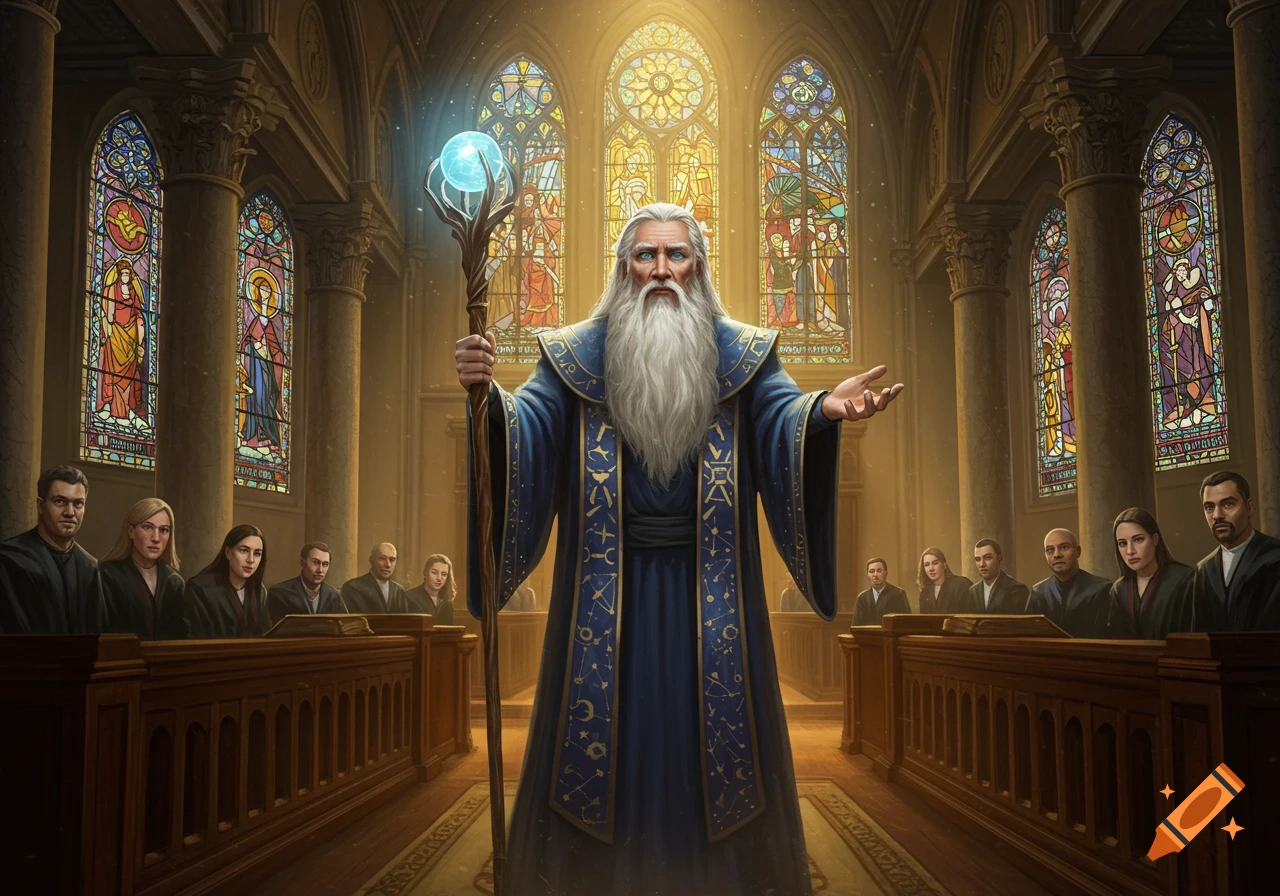 Elderly wizard in a blue robe holding a glowing staff stands in a grand hall with stained glass windows, addressing an audience.
